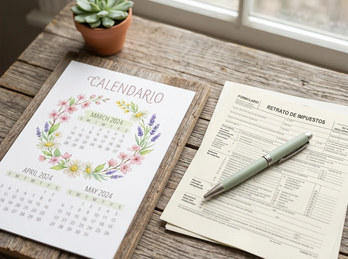 Calendario marcando la temporada de primavera junto a un formulario de la renta, aludiendo a la campaña de declaración