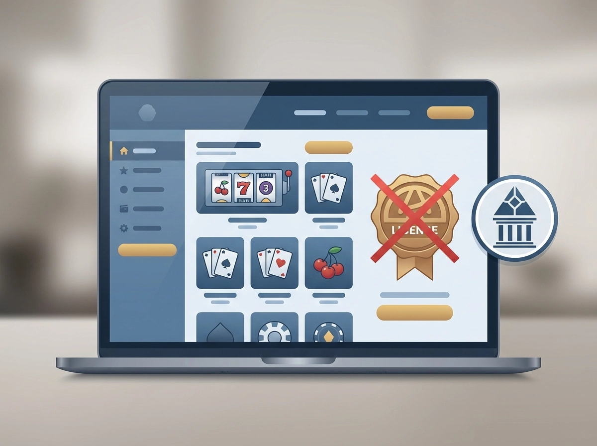 Pantalla de un casino online con un sello de licencia tachado junto al logotipo del regulador estatal español