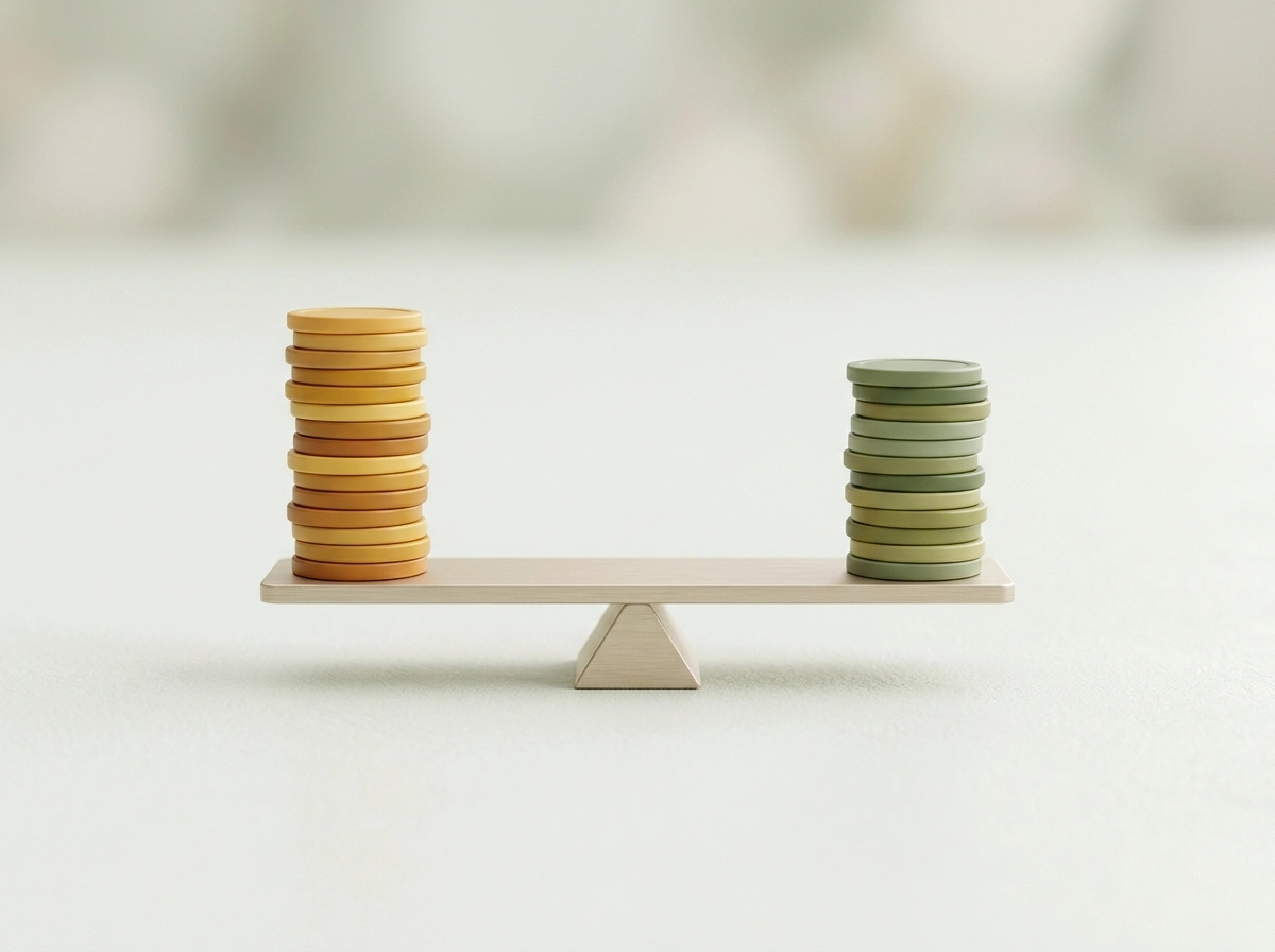 Dos columnas equilibradas de fichas que representan ganancias y pérdidas compensándose dentro de un mismo año