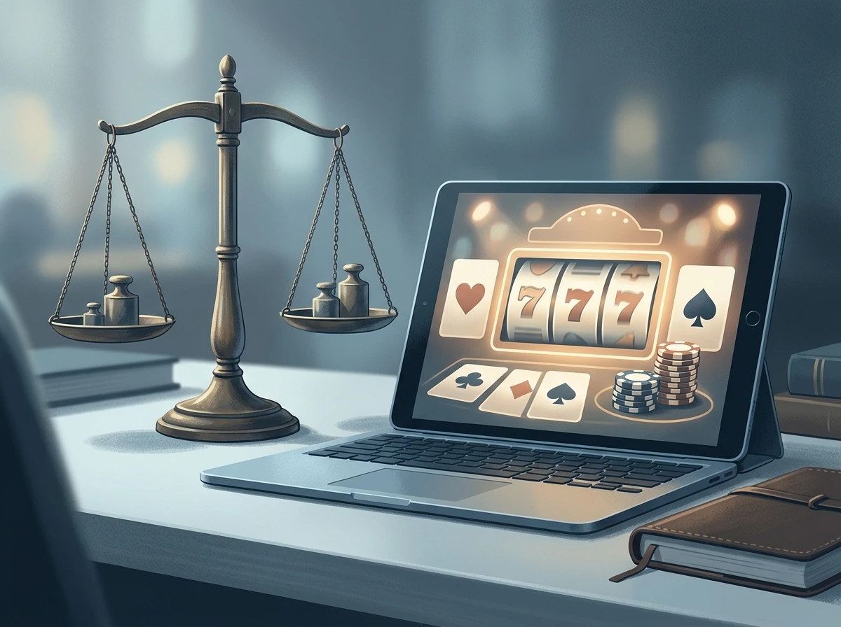 Balanza de la justicia junto a la pantalla de un casino online, simbolizando la duda legal sobre jugar sin licencia