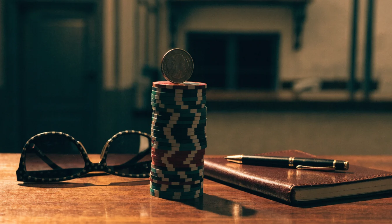 Mesa con fichas de casino, libreta cerrada y gafas, luz cálida.