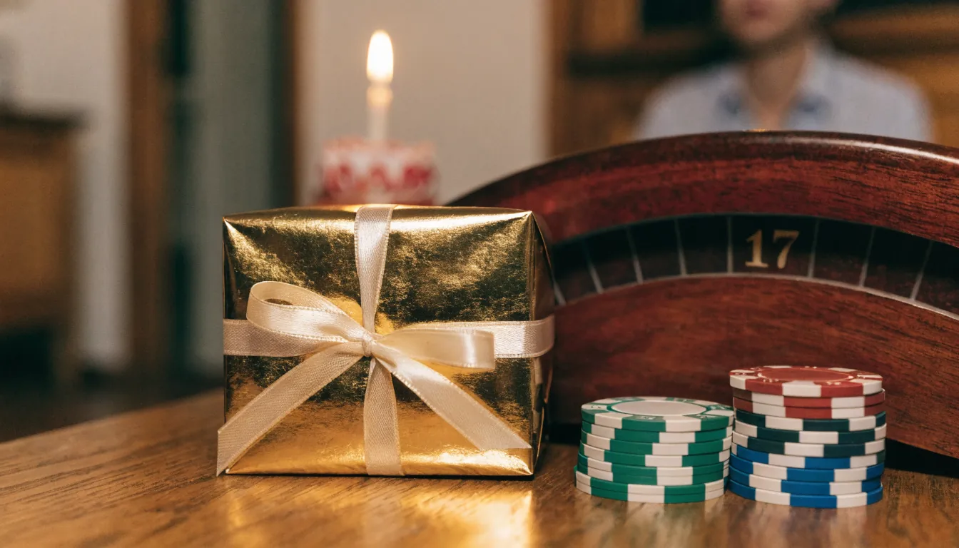 Caja de regalo de cumpleaños junto a fichas de casino y vela encendida sobre mesa de madera.