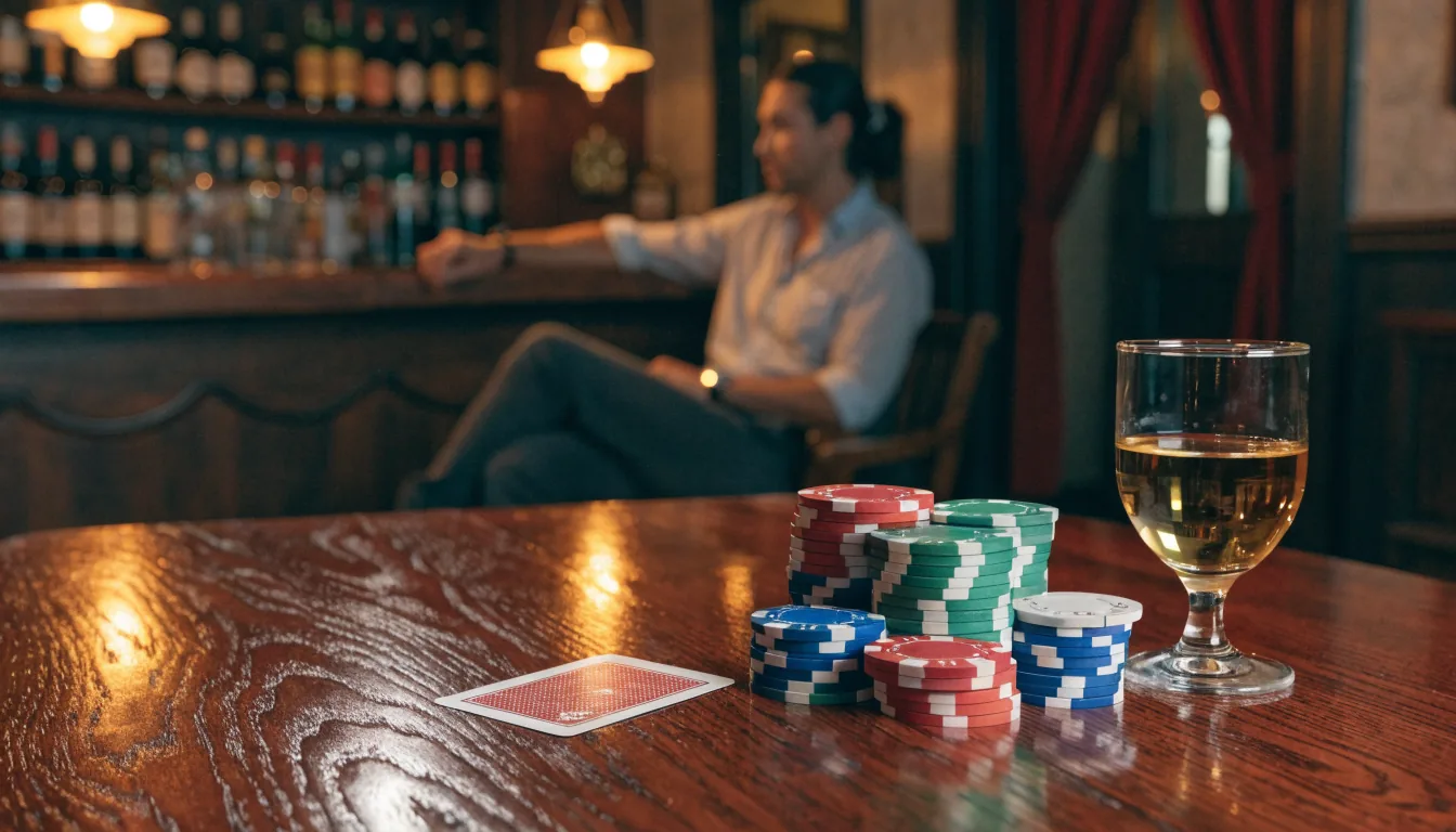 Mesa de bar español con fichas de casino y copa de jerez