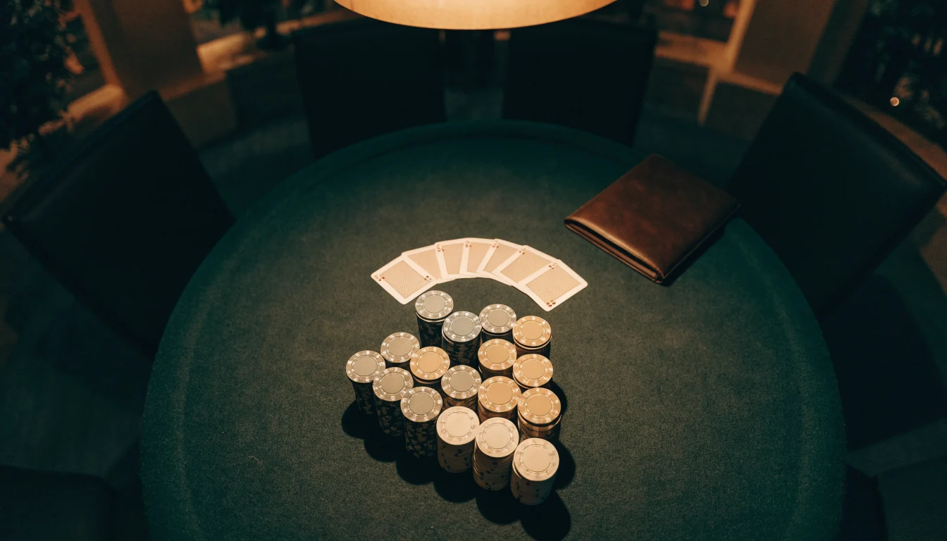 Mesa de casino con fichas apiladas y cartas en penumbra.