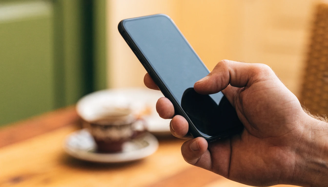 Mano sosteniendo un teléfono móvil con pantalla apagada junto a una taza de café.