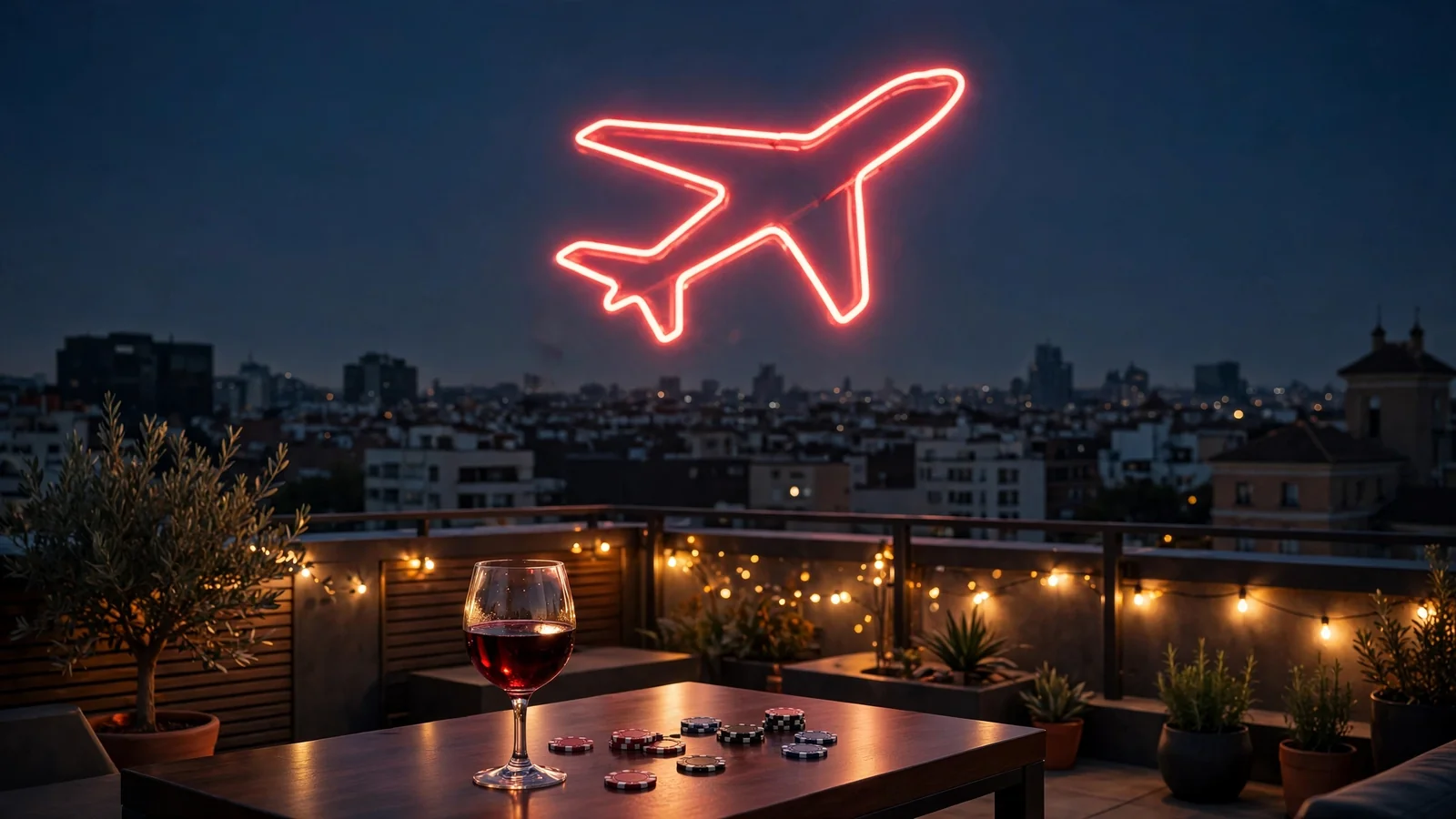 Neón de un avión ascendente sobre terraza en el skyline español al atardecer