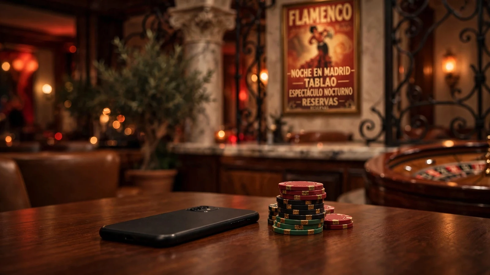 Teléfono boca abajo junto a fichas y ruleta en salón elegante de Madrid