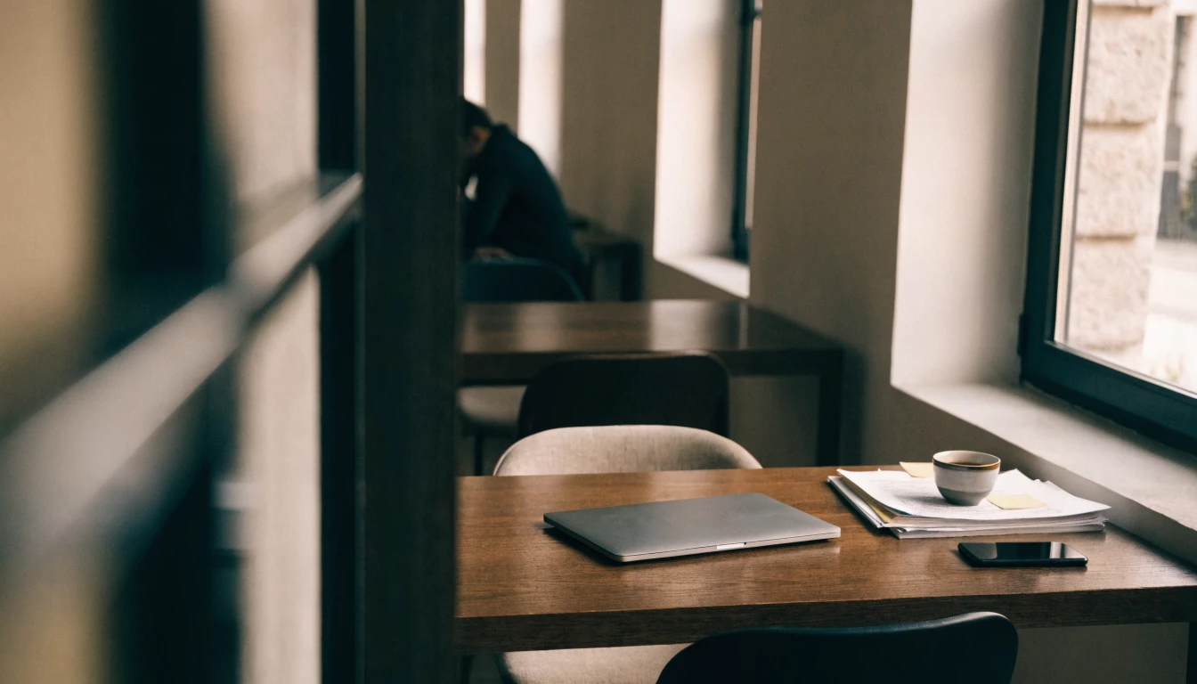 Escritorio profesional en Barcelona con portátil cerrado y documentos regulatorios