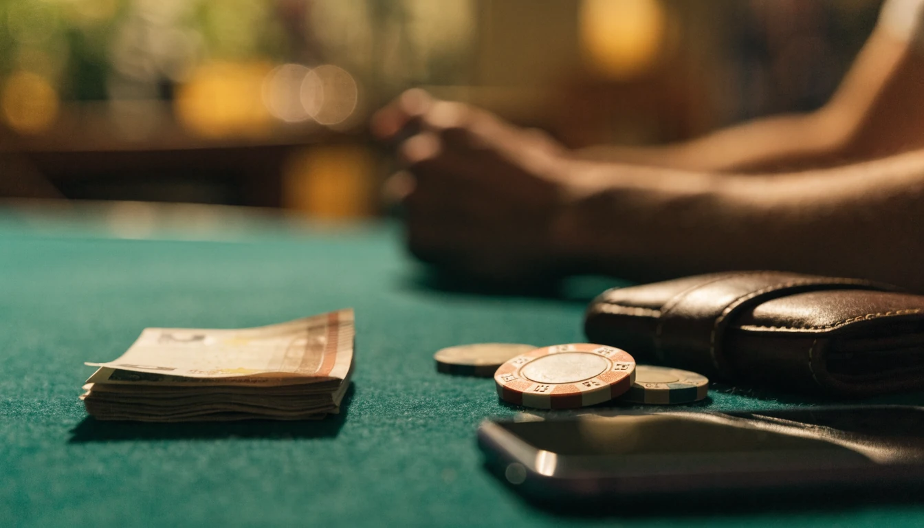 Pequeña cantidad de euros y fichas de casino sobre una mesa de fieltro verde con un teléfono boca abajo.