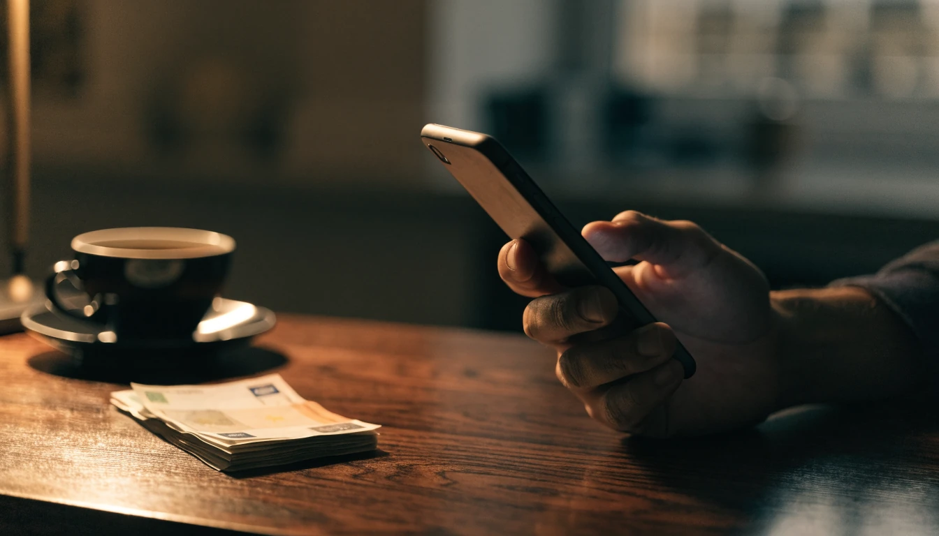 Mano junto a smartphone apagado y billetes en euros sobre escritorio
