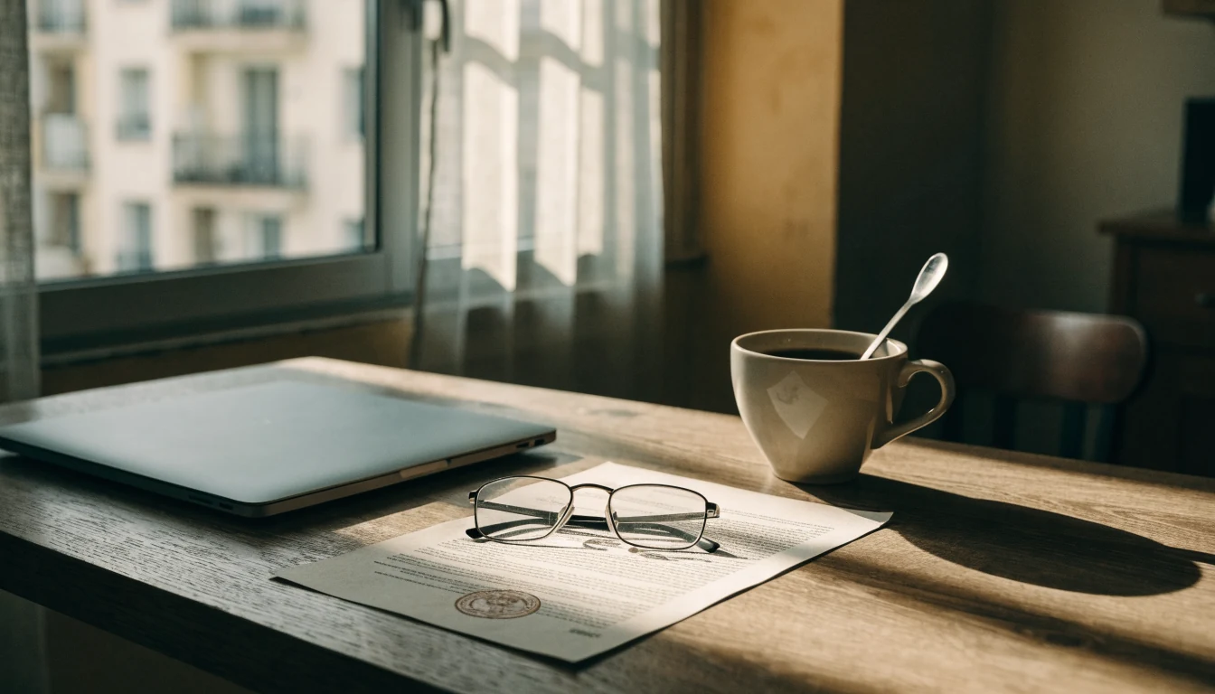 Escritorio con documento oficial sellado, portátil cerrado y taza de café junto a unas gafas.