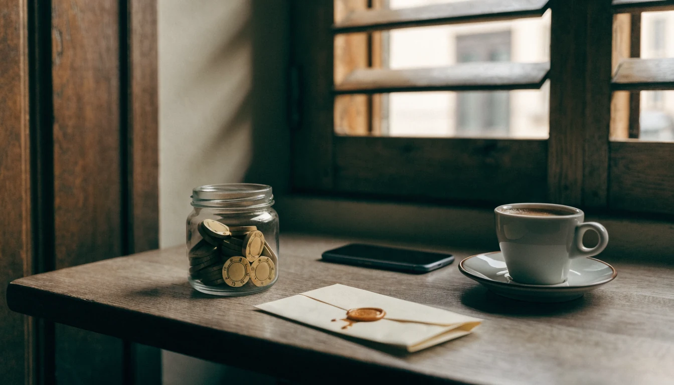 Bienvenida simbólica con fichas doradas, sobre de regalo y café en mesa de madera.