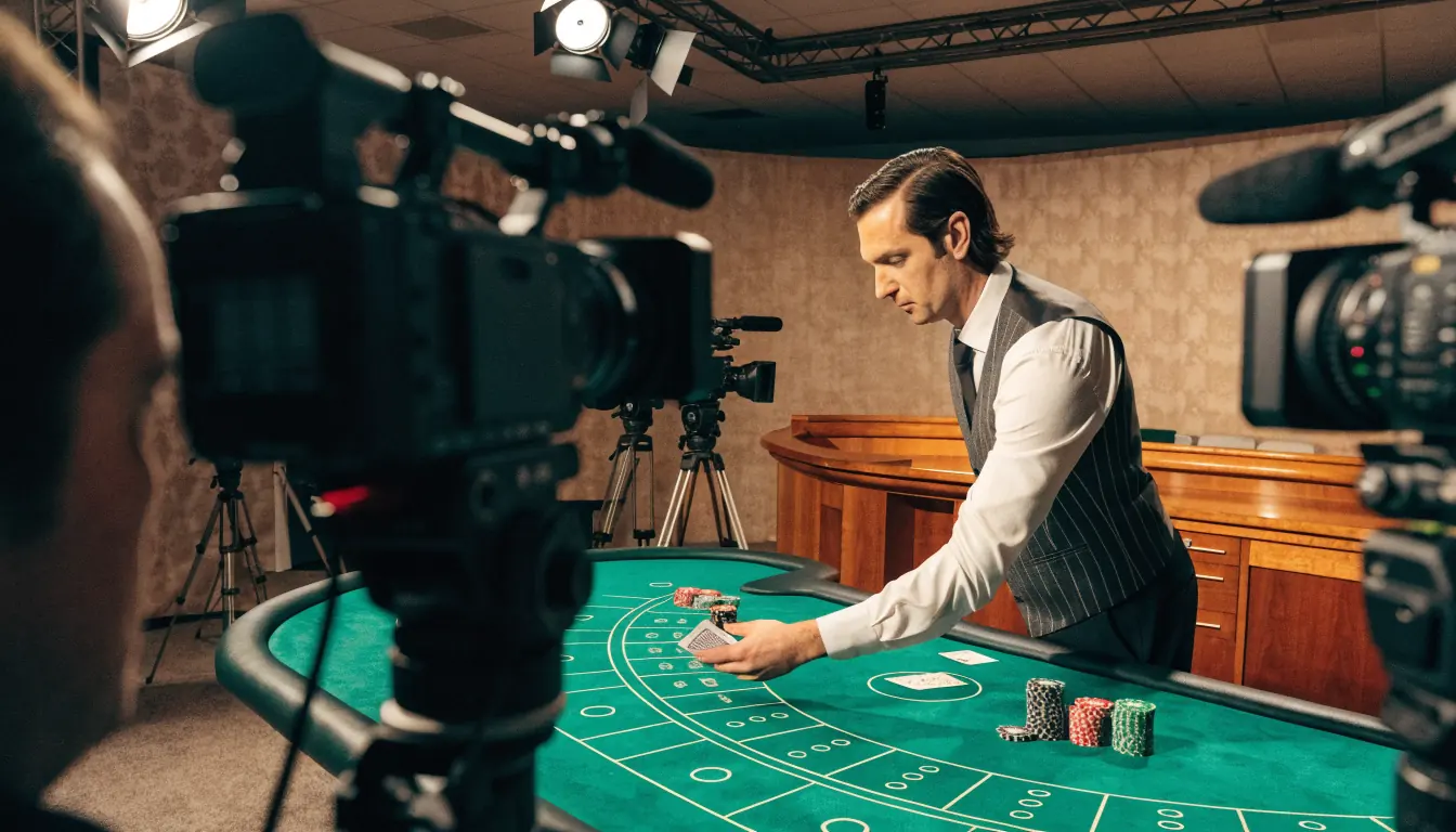 Crupier profesional en estudio de casino en vivo repartiendo cartas bajo luces de broadcasting.