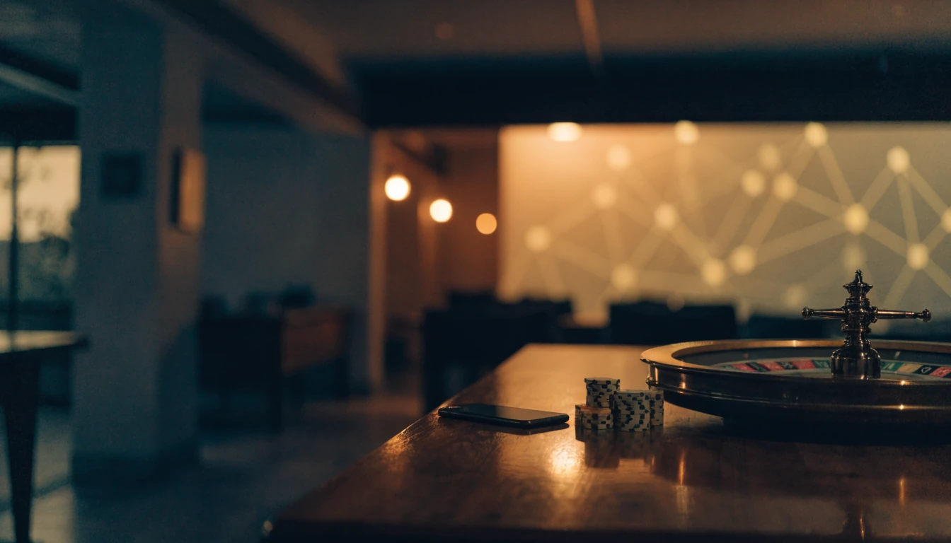Mesa de casino con fichas, ruleta y teléfono junto a red blockchain