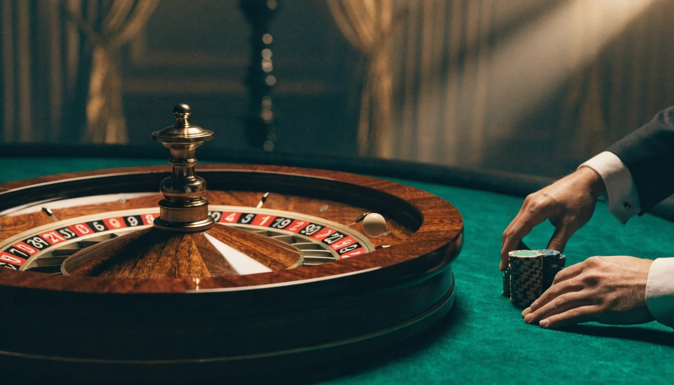 Mesa de ruleta en vivo con crupier y fichas en estudio