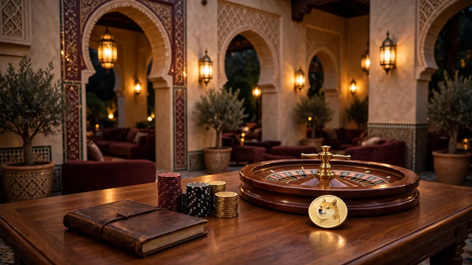 Mesa de casino española elegante con fichas, ruleta y moneda Dogecoin dorada.