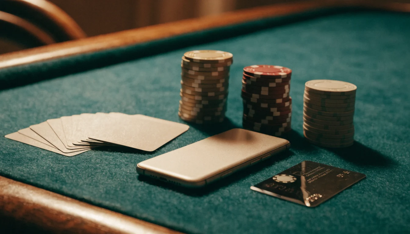 Mesa de casino elegante con fichas de póker, cartas y un smartphone sobre tapete verde