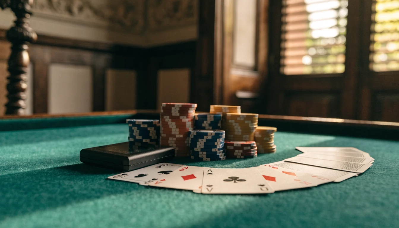 Mesa de juego tradicional con fichas de casino, cartas y un monedero de criptomonedas sobre tapete verde
