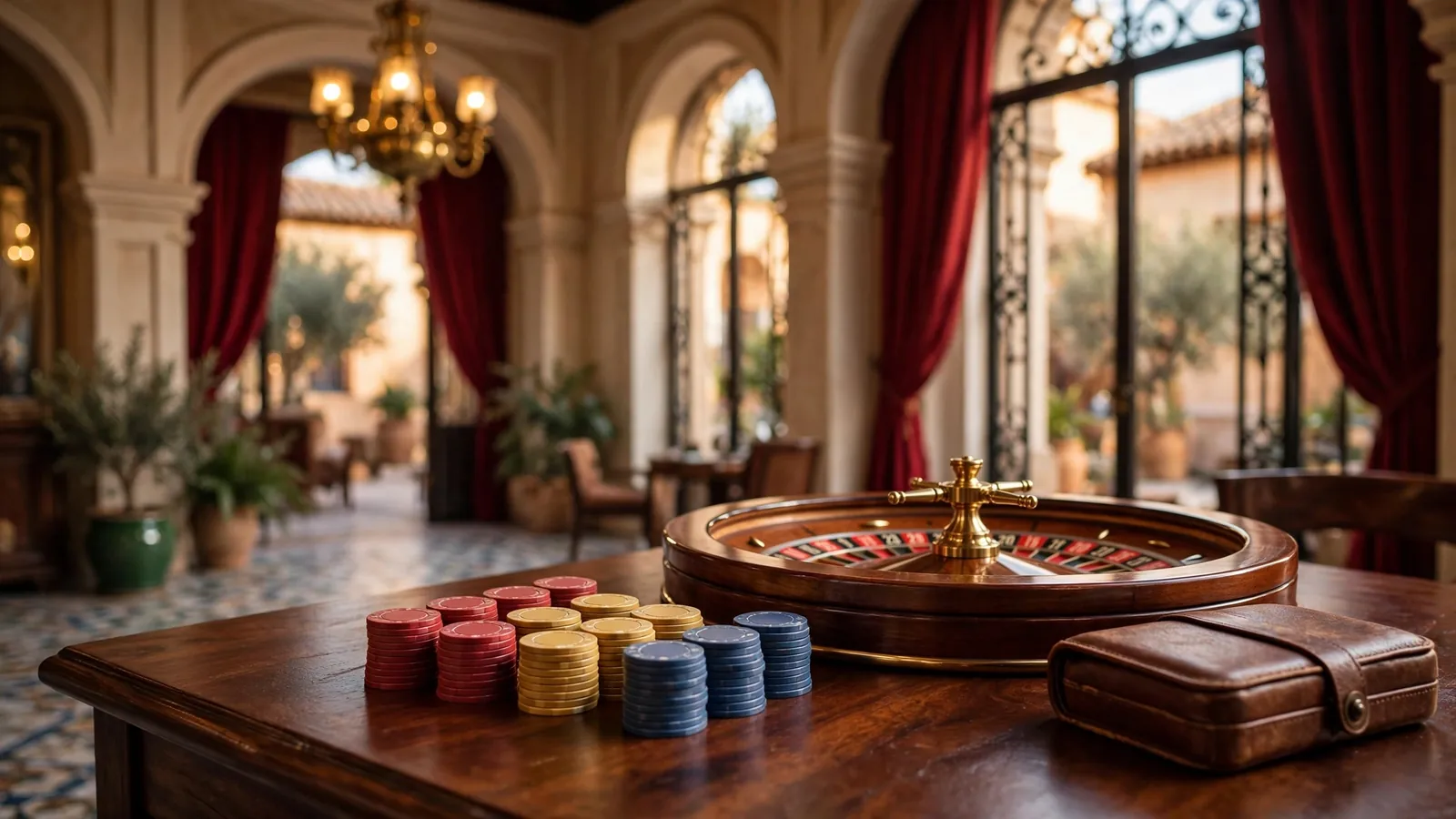 Salón elegante de casino español con fichas de colores, ruleta y luz cálida mediterránea.
