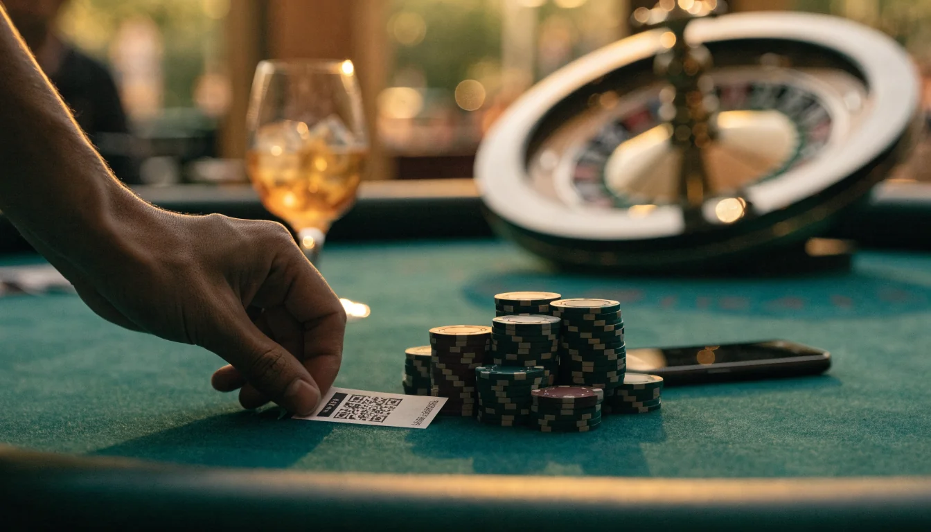 Mano colocando un vale junto a fichas de casino sobre una mesa de fieltro oscuro con teléfono boca abajo.