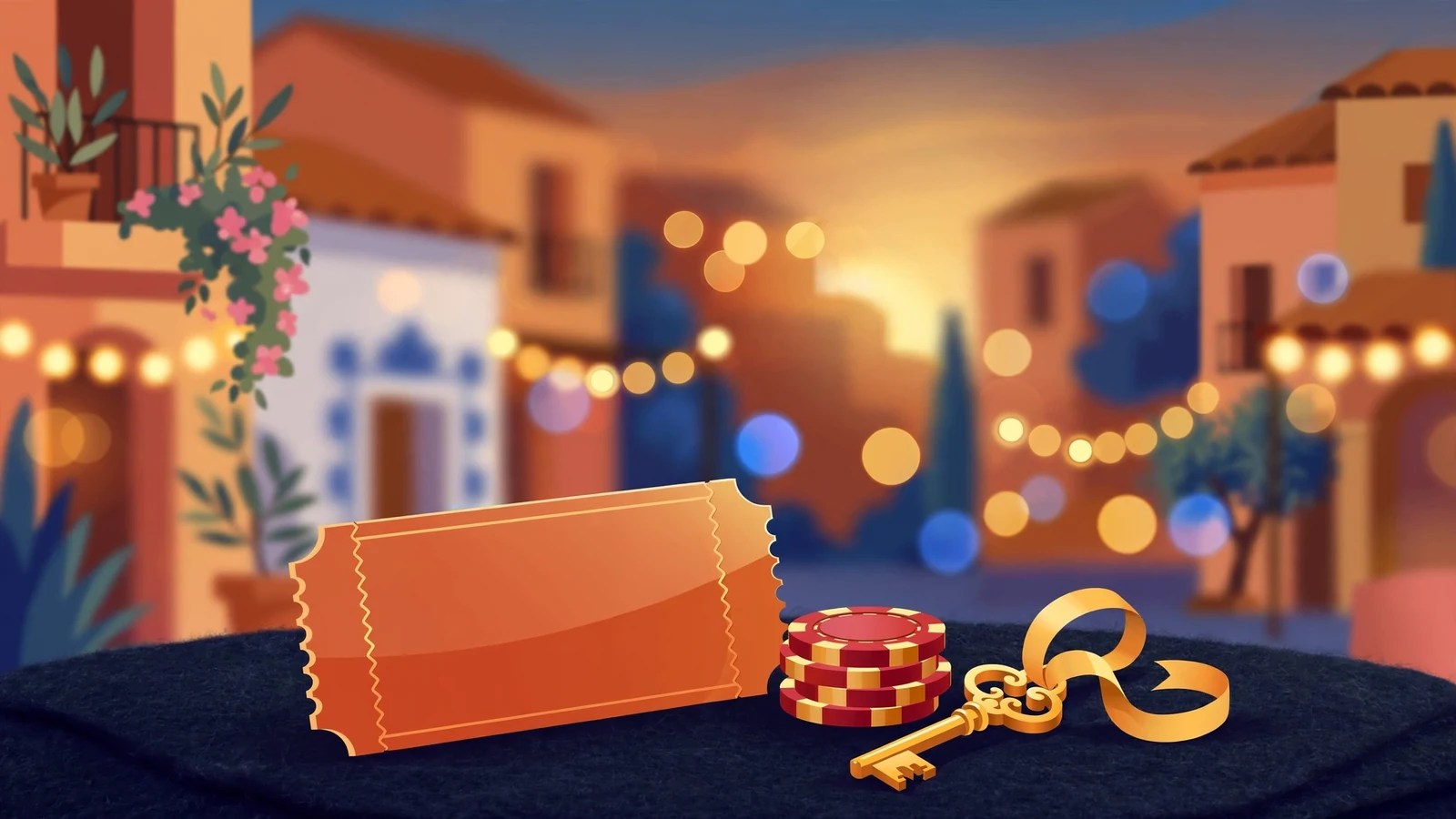 Cupón promocional dorado con fichas de casino sobre fondo cálido español