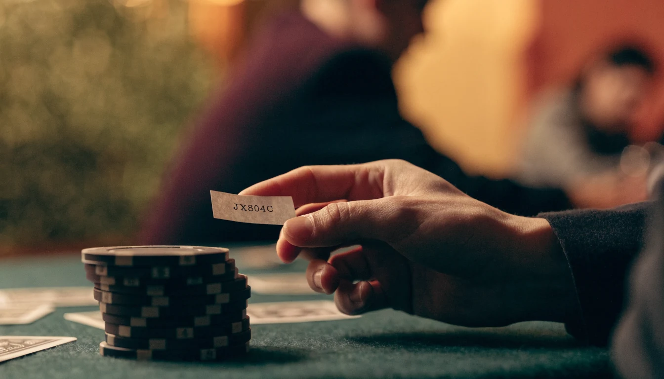 Mano sosteniendo un vale impreso con código alfanumérico junto a fichas de casino sobre tapete verde.
