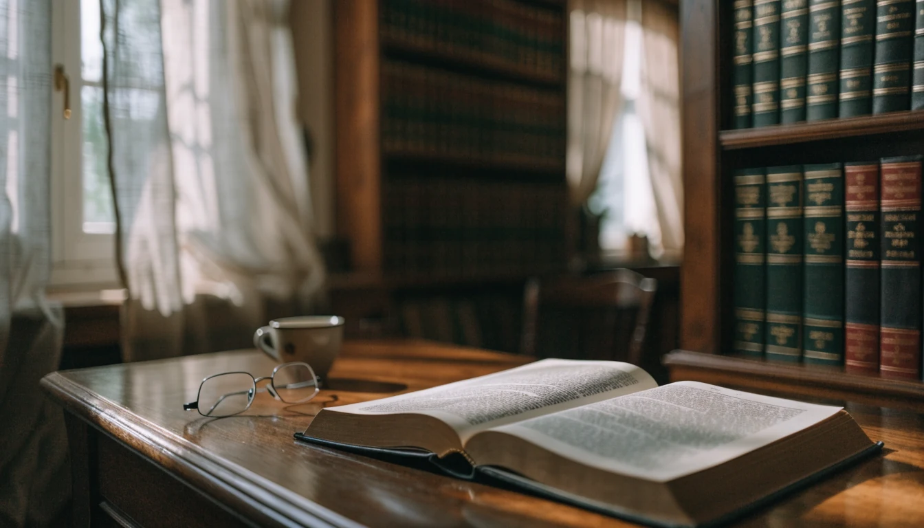 Mesa de biblioteca con libro abierto, gafas de lectura y taza de café junto a estantes de volúmenes jurídicos.