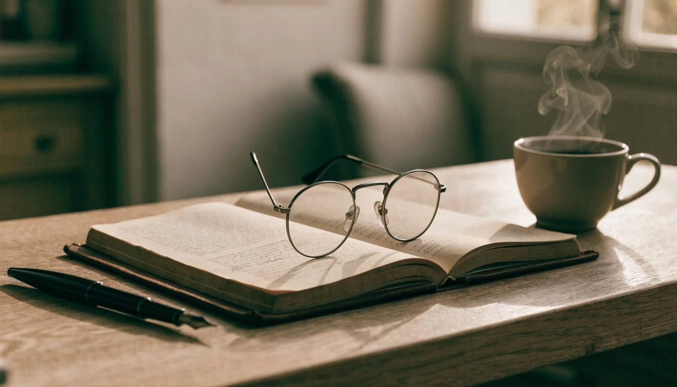 Cuaderno abierto con pluma y taza de café sobre escritorio de madera.