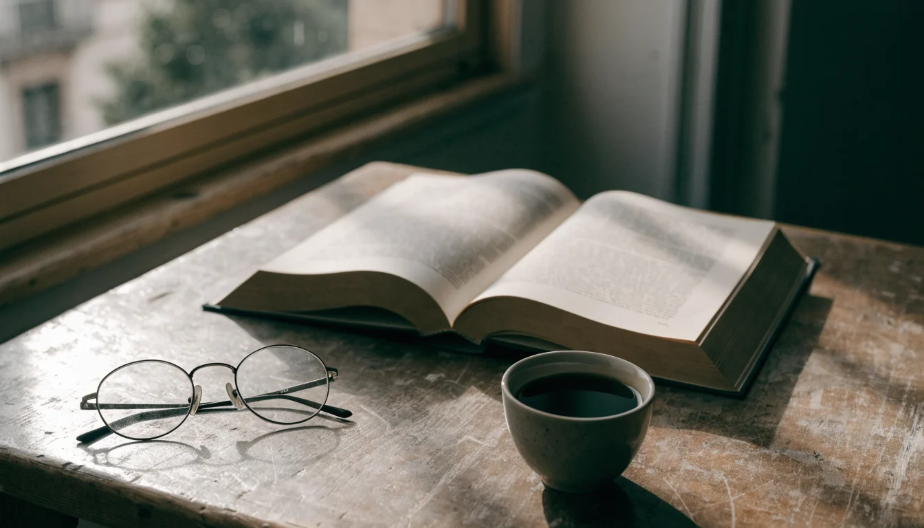 Libro abierto sobre escritorio de madera con gafas de lectura y café