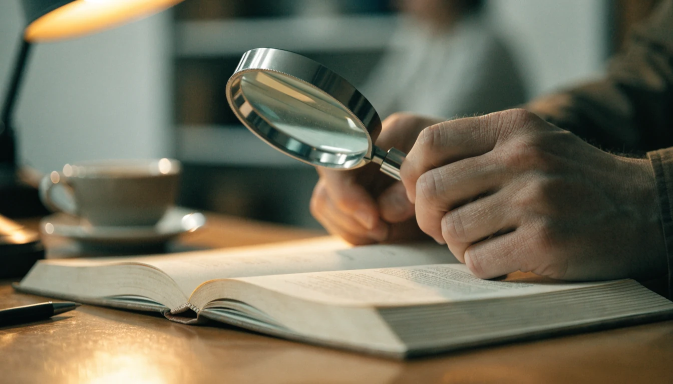 Manos revisando un registro oficial con lupa sobre un escritorio.