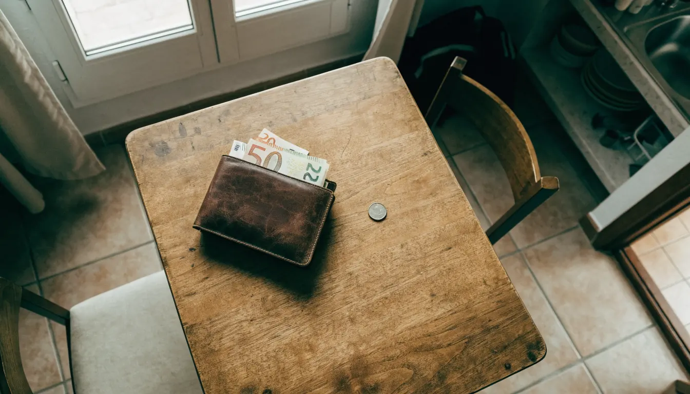 Mesa con monedero de euros y una moneda metálica al lado.