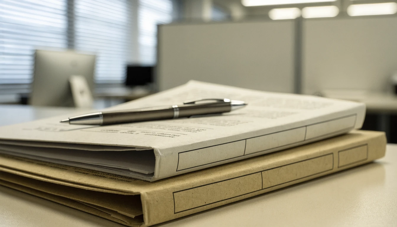 Dos carpetas oficiales apiladas sobre un escritorio de oficina.
