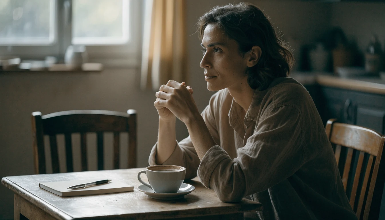Persona reflexionando en calma junto a una taza de café en una cocina española.