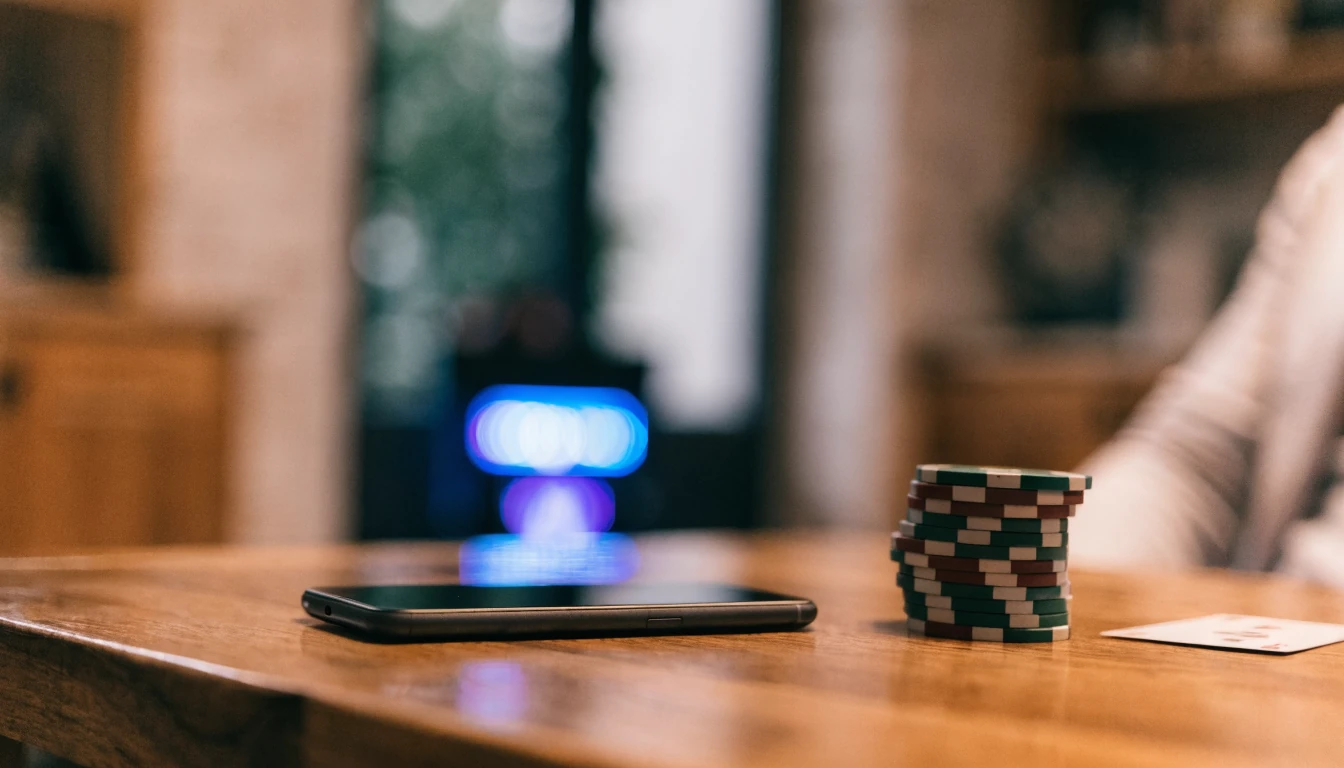 Teléfono Android boca abajo junto a fichas de casino y una carta en una mesa de madera iluminada suavemente.