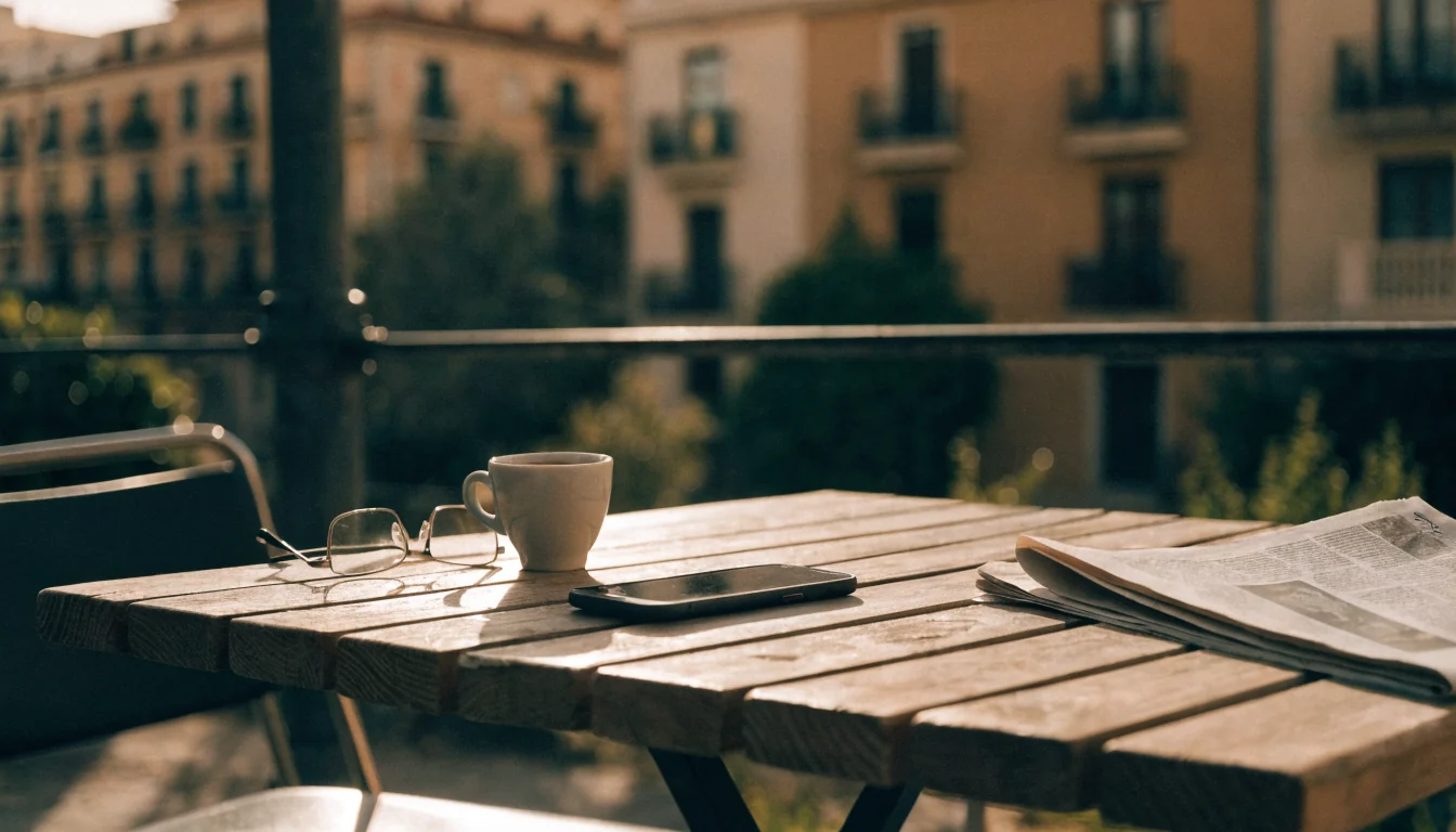 Smartphone apagado sobre mesa de terraza española con café y gafas
