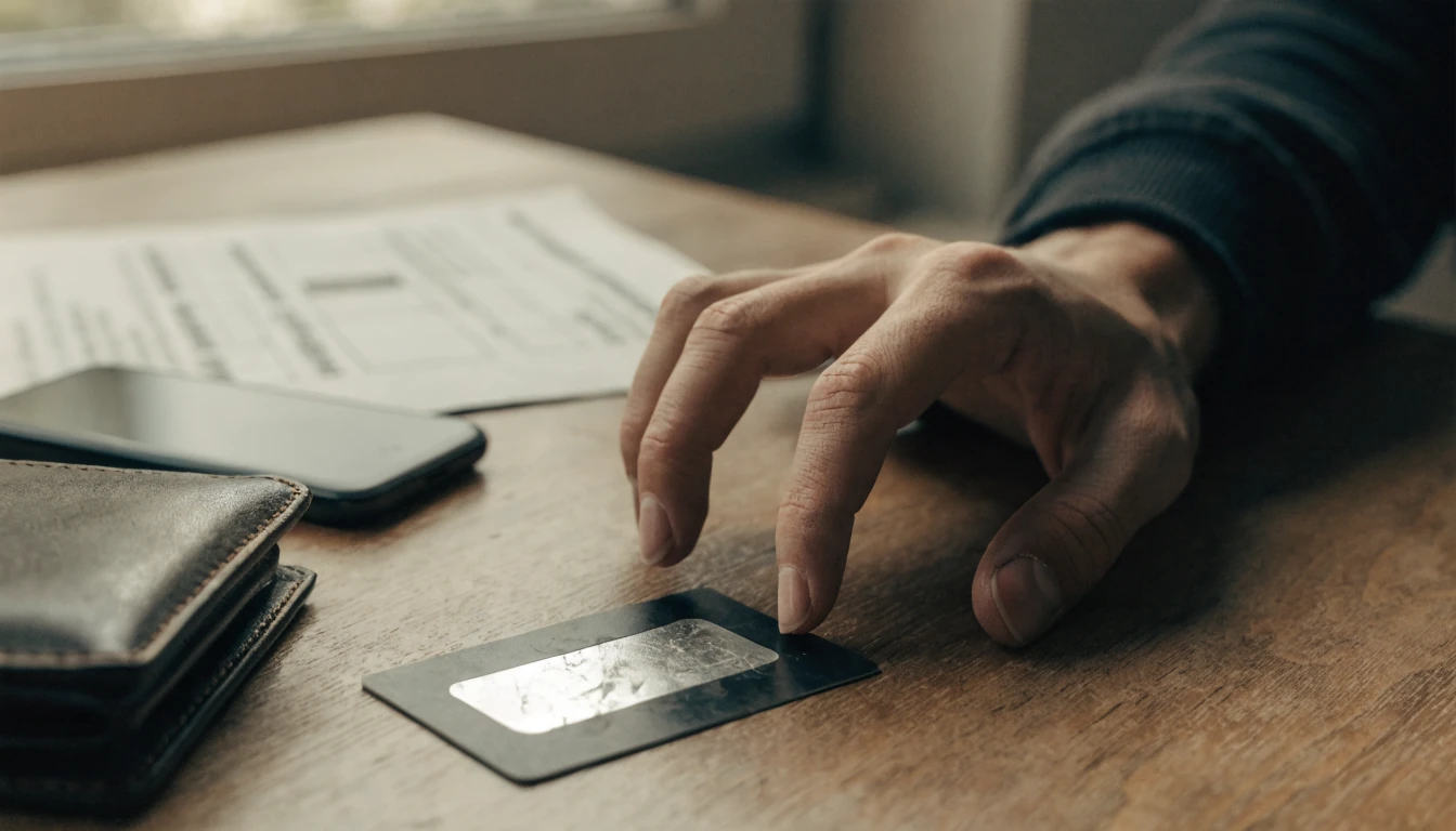 Mano tomando un vale prepago con código PIN junto a un teléfono boca abajo