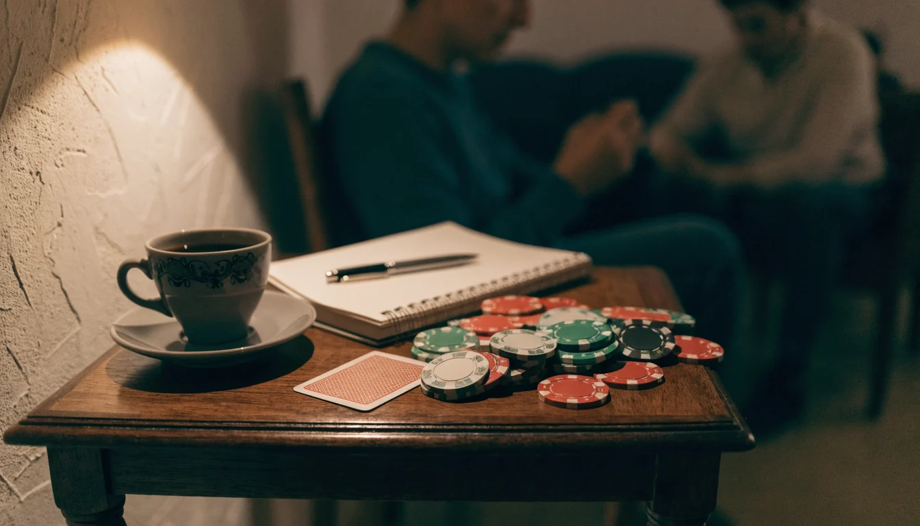 Mesa con fichas de casino y libreta bajo luz cálida en un salón español.