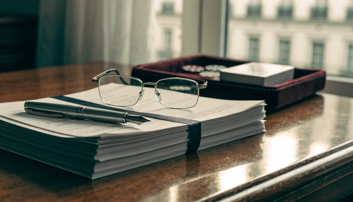 Escritorio con documentos oficiales, fichas de casino y baraja cerrada junto a una ventana soleada en Madrid.