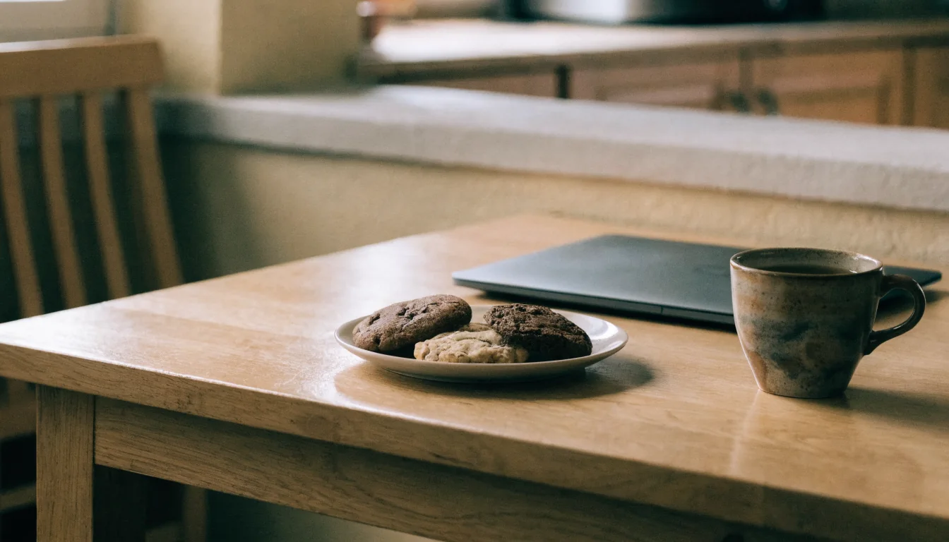 Galletas caseras en plato de cerámica junto a un portátil cerrado y una taza de café sobre mesa de madera.