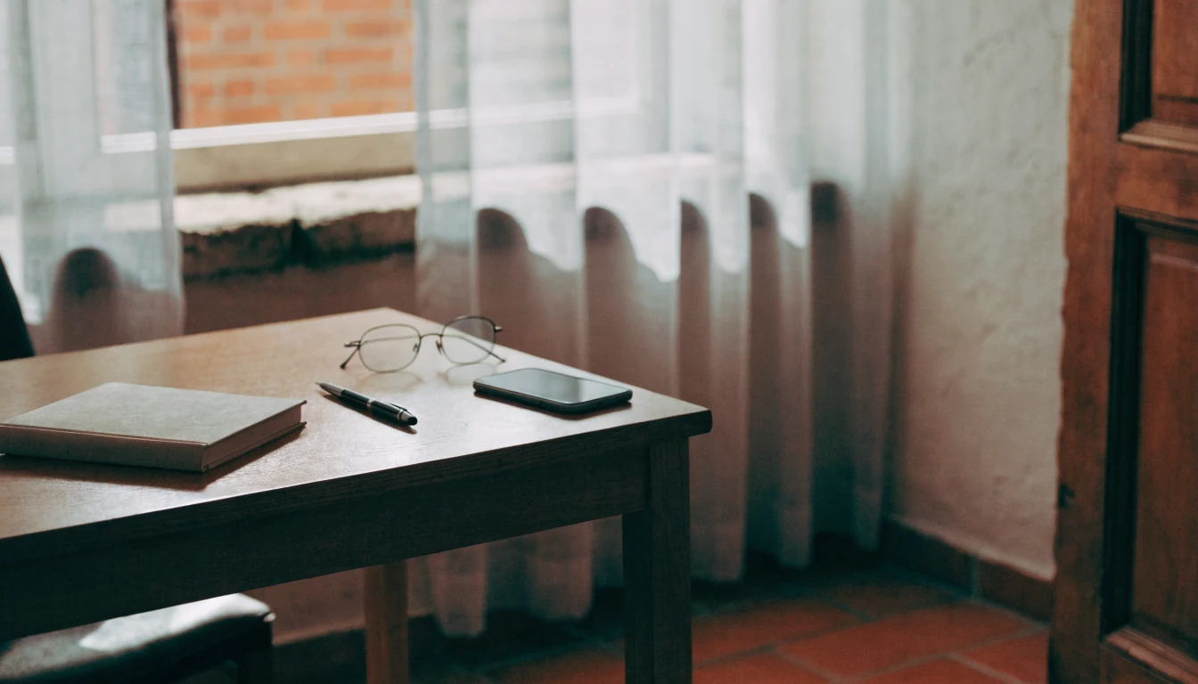 Escritorio tranquilo con cuaderno cerrado y teléfono boca abajo junto a una ventana.