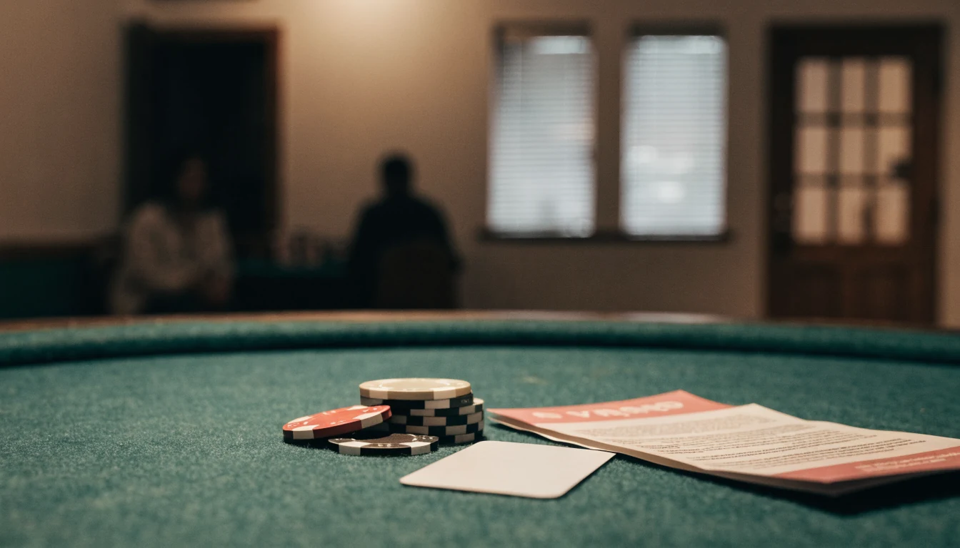 Fichas de casino, una carta y un documento promocional sobre superficie de fieltro.