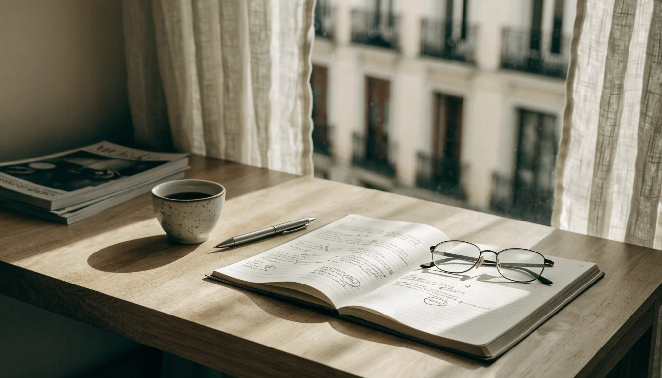 Escritorio de trabajo editorial con cuaderno abierto, gafas de lectura y taza de café junto a una ventana luminosa.