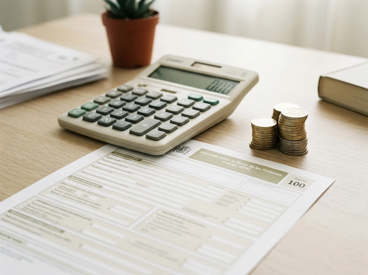 Calculadora, monedas de euro y un formulario de la declaración de la renta sobre una mesa, ilustrando los impuestos del juego online