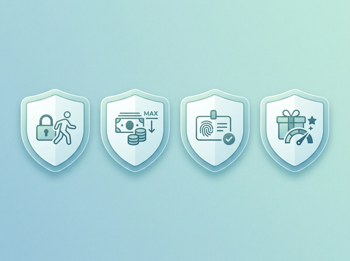 Cuatro escudos protectores etiquetados que representan autoexclusión, límites de depósito, verificación de identidad y control de bonos