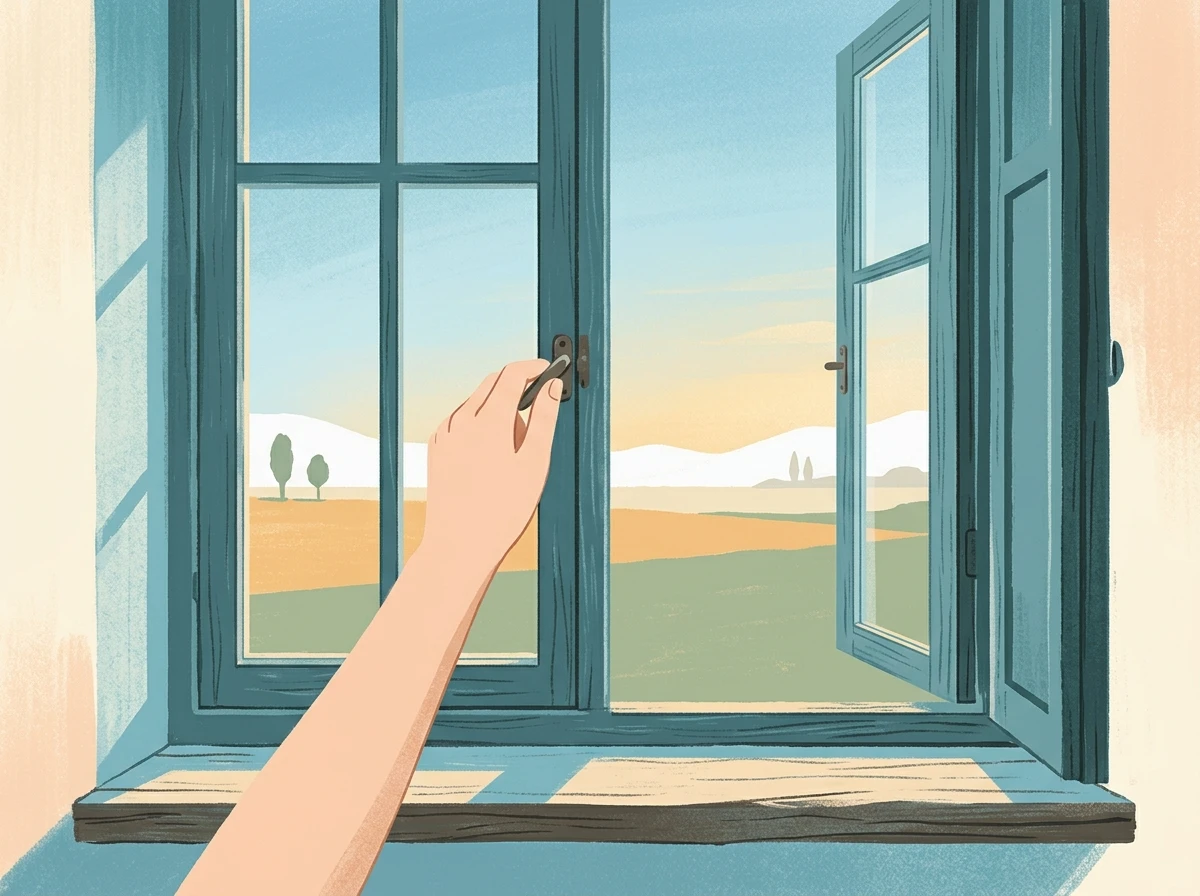 Mano abriendo una ventana hacia un horizonte tranquilo, símbolo de recuperar el control del juego