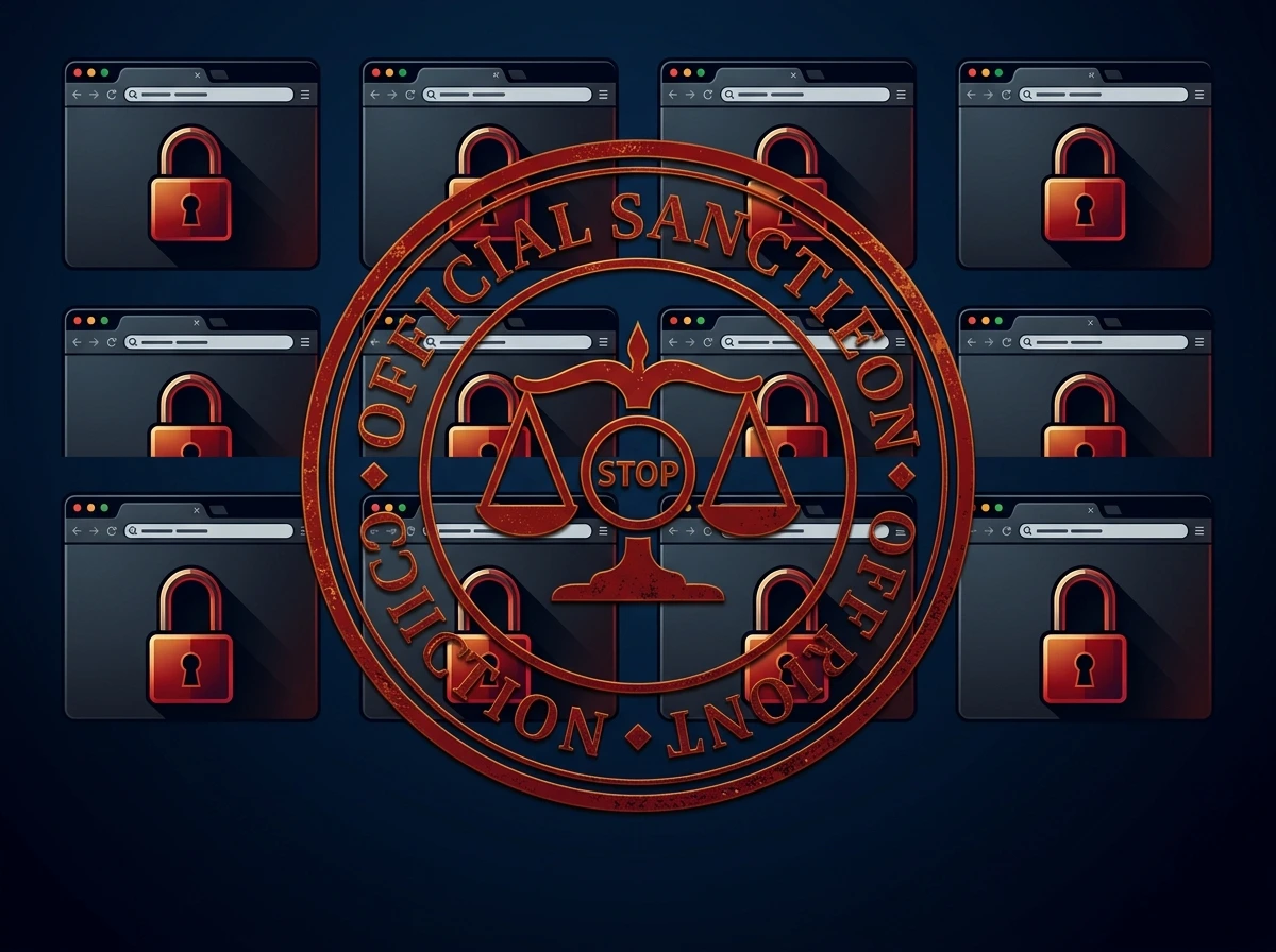 Portales web bloqueados con símbolos de candado y un sello de sanción económica sobre fondo institucional